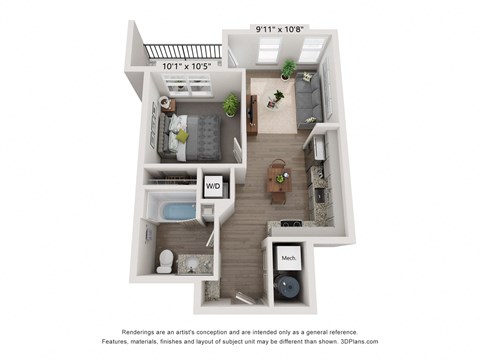 One-bedroom apartment floor plan at Plat 10 Living in Windsor CO with bright, open-concept living areas.